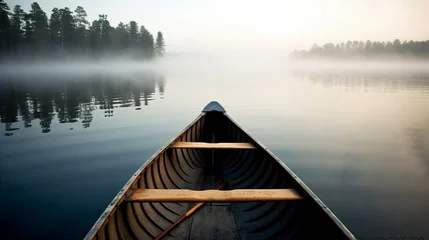 Plexiglas foto achterwand Bow of a canoe in the morning on a misty lake in Ontario Canada © Mateen