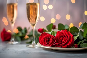 Fototapeta na wymiar Valentines day table setting red roses and champagne glasses on concrete background. Valentine's greeting card