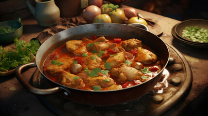 A pot of flavorful and spicy chicken curry, a popular dish for iftar during Ramadan