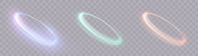 Abstract neon glowing ring. A bright trail of luminous rays swirling in a fast spiral motion. Light golden swirl. Vector - obrazy, fototapety, plakaty