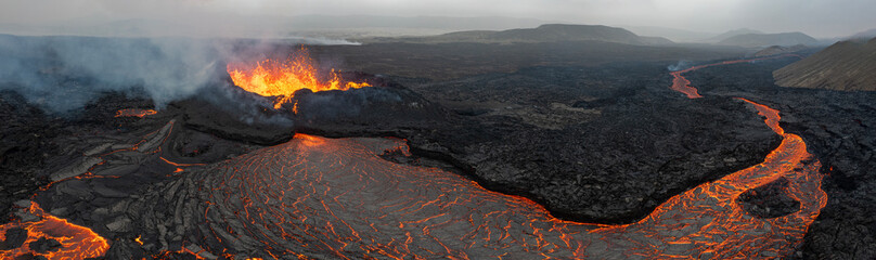 Beautiful aerial panoramatic view of active volcano, Litli - Hrutur, Iceland 2023