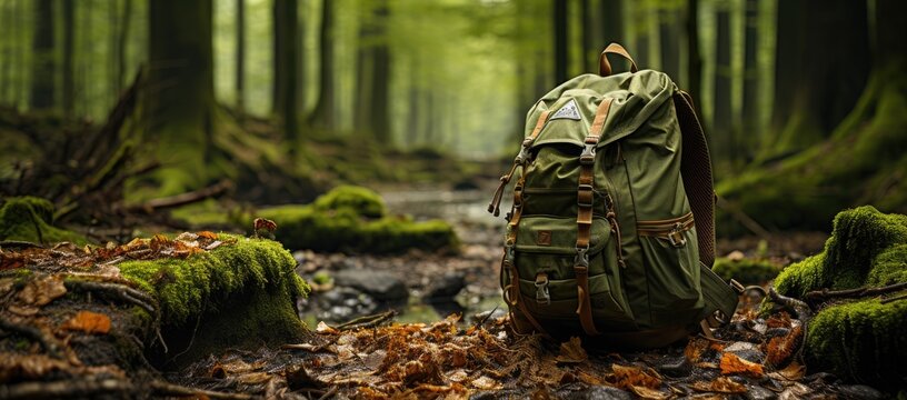 A solitary backpack rests against a tree in the serene forest, its owner's statue-like presence blending seamlessly with the surrounding nature