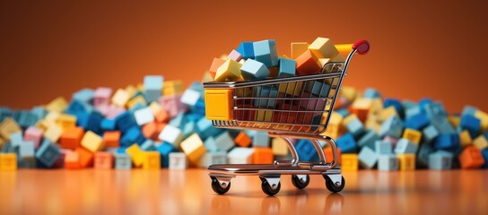 An imaginative child's dream comes to life as they fill their toy shopping cart with colorful lego cubes, ready to build endless possibilities - obrazy, fototapety, plakaty