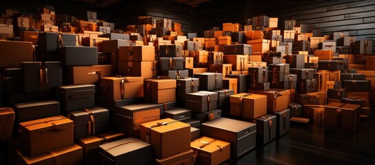 A cluttered indoor room filled with furniture and a towering pile of boxes, hinting at a sense of disorganization and potential for new beginnings - obrazy, fototapety, plakaty