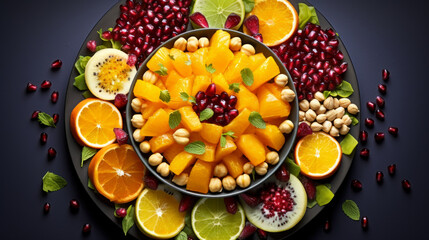 A platter of colorful fruit chaat, a tangy and refreshing salad commonly eaten during Ramadan