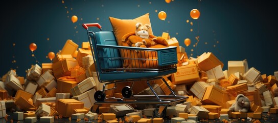 A playful toy bear rides in a shopping cart, surrounded by vibrant lego art, adding a touch of whimsy to the ordinary act of transport - obrazy, fototapety, plakaty
