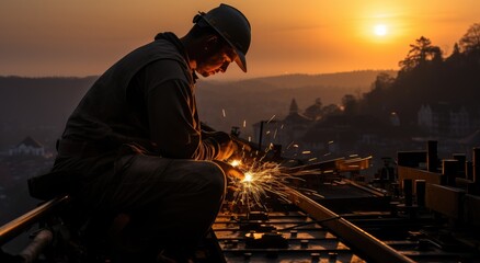 Fototapeta premium A rugged blue-collar worker endures the blistering heat of the outdoor sky while clad in protective clothing, as he welds atop a factory roof