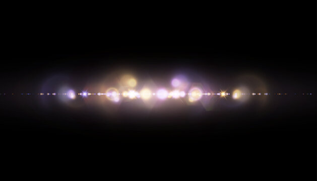 Glowing light effect. Sparkling highlights of a bright flash with a colorful purple-gold shimmer. Vector illustration.
