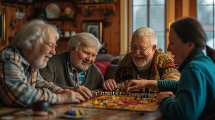 A heartwarming scene of elderly friends gathered around a board game, sharing laughter and joy in a cozy home environment.
