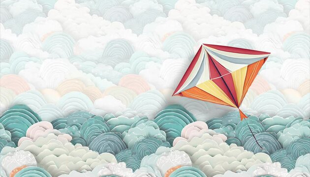 Colorful kite on clouds in the sky with copy space. Paper cut out style. 