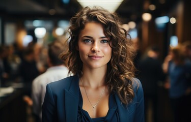 Obraz premium A stylish lady with a bright smile and curly locks, donning a chic blue suit and fashion accessories, stands confidently on the bustling street, exuding grace and fashion prowess