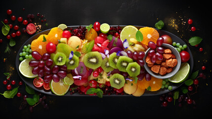 Obraz na płótnie Canvas A platter of colorful fruit chaat, a tangy and refreshing salad commonly eaten during Ramadan