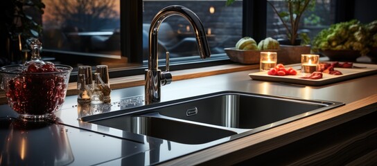 The sleek silver faucet cascaded water into the deep sink, providing a functional and stylish addition to the modern indoor kitchen