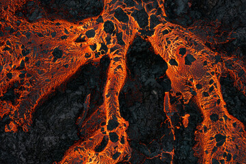 Aerial view of the texture of a solidifying lava field, close-up