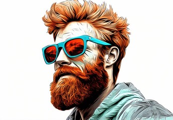 Close-up of the head of a handsome man in a suit and sunglasses. Fashionable image of a male model with a stylish hairstyle in a watercolor style. Avatar for social networks. Illustration for cover. - obrazy, fototapety, plakaty