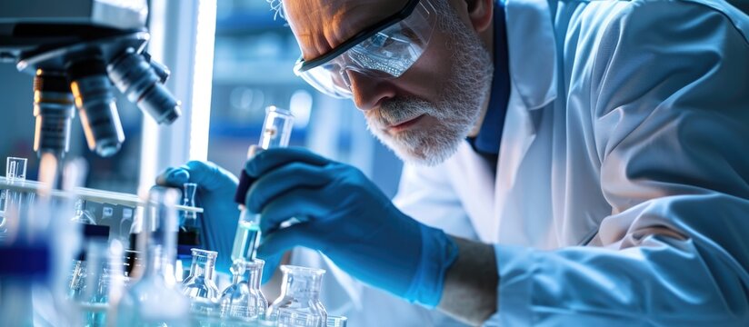 Scientist and test tube in lab researching medical investigation, chemistry, and vaccines. Senior worker analyzing DNA in lab for medicine and healthcare advancement.