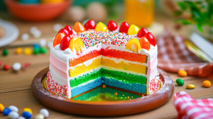 Fototapeta na wymiar Vibrant rainbow layer cake decorated with candies and sprinkles, a perfect festive dessert for celebrations. 