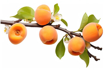 Apricot tree branch and apricots, white background