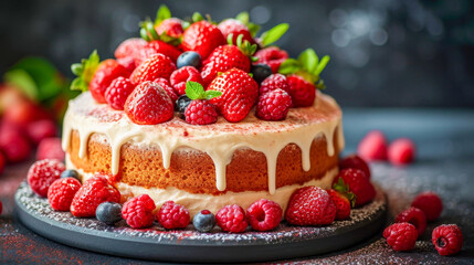 Sumptuous vanilla cake with dripping icing and a generous topping of fresh berries, strawberries, and blueberries.
