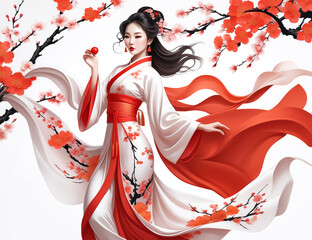 Fototapeta premium Beautiful young Asian girl in traditional dress on white background with cherry blossoms. Vector illustration style