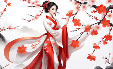 Fototapeta premium Beautiful young Asian girl in traditional dress on white background with cherry blossoms. Vector illustration style