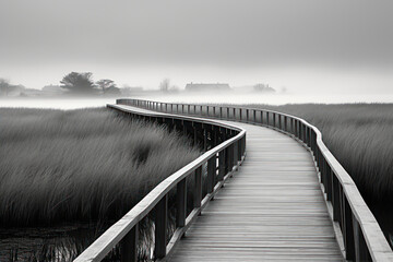 Fototapeta premium Wooden walkway in the misty marsh. Black and white.