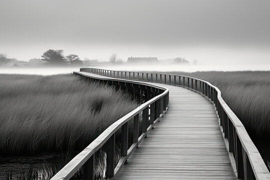 Wooden walkway in the misty marsh. Black and white.