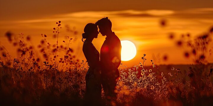 Sunset Silhouette of Couple - Silhouette of a couple embracing against a stunning sunset backdrop. The warm hues of the sky and the tender moment create a captivating and romantic image, capturing