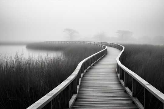 Wooden path in the marsh with misty foggy background.