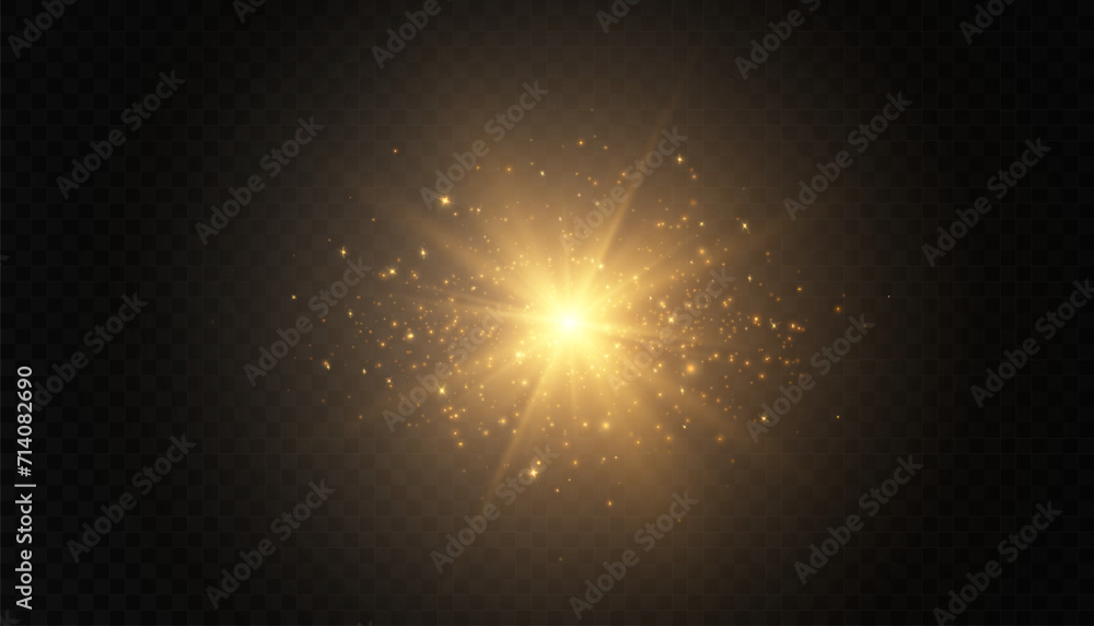 Poster shining star, sun particles and sparkles with flare effect, golden bokeh lights and sparkles. the ef