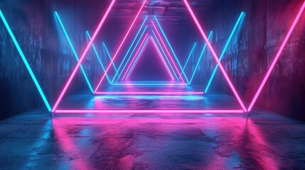 pink and blue neon light abstract background with triangles and street tunnel