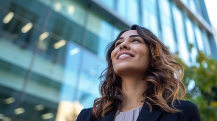 happy young and successful business woman walking outdoors infront of a mondern glass office building