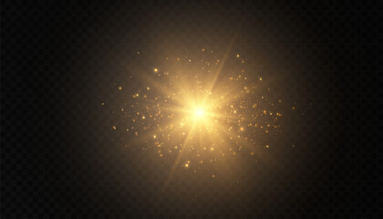 Shining star, sun particles and sparkles with flare effect, golden bokeh lights and sparkles. The effect of glare, a yellow explosion. © MAKSYM