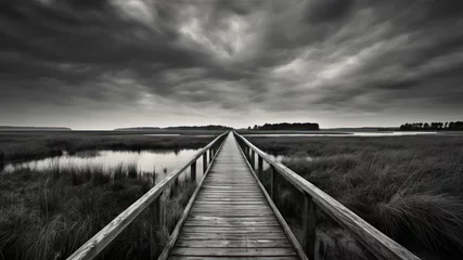 Photo sur Plexiglas Descente vers la plage Wooden boardwalk over a lake in black and white with dramatic clouds