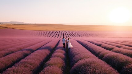 Love couple walking in lavender field at hazy light morning, France travel