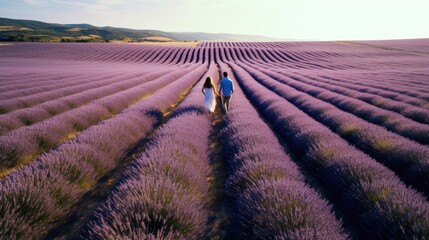 Love couple walking in lavender field at hazy light morning, France travel
