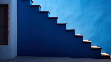 Staircase with blue wall as background.