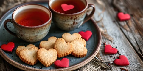 Obraz na płótnie Canvas Heart-Shaped Cookies and Tea - Zoom in on heart-shaped cookies arranged on a plate with two cups of tea. This close-up captures the sweet and inviting side of Valentine's Day