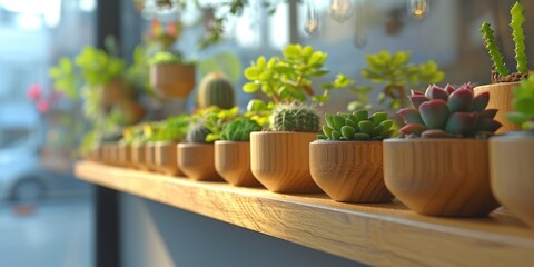 wooden wooden pots with cactuses hanging on wooden ledge
