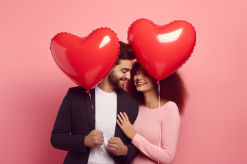 Fototapeta na wymiar Happy Diverse Multicultural Couple With Heart Balloon for Valentines Day Coral Background Diversity