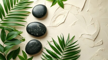 Obraz na płótnie Canvas top view of three black stones and leaves on white background