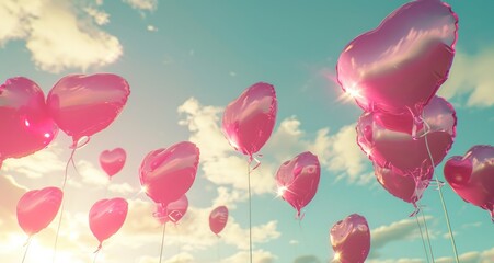 heart shaped balloons floating in the sky,