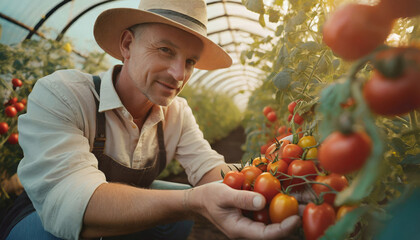 Healthy Tomato Harvest: Fresh Organic Vegetables Grown in a Greenhouse