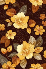Yellow Flowers and Leaves on a Brown Background