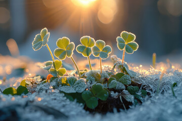 Concept of winter and cold days. Clover leaves in the snow with a sunset, sunrise and forest background. Saint Patrick's Day