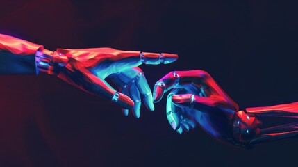 Futuristic robotic hands with sharp edges, smooth surfaces, and neon lights. Vibrant electric blue and intense purple glow on metallic surfaces