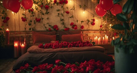 romantic romantic bedroom with roses in it, candles, and balloons