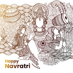 Vector Illustration sketching Of Navratri . Festival of india With Beautiful Maa Durga doodle with decorative surroundings 
