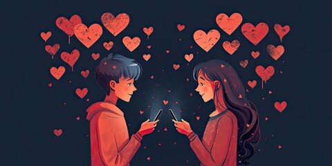 Digital Love Messages - Illustrate a couple exchanging sweet messages on digital devices, whether through texting or video calls. Reflect the modern ways in which people express their love