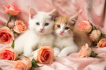 Cute White and Orange Kittens Surrounded by Peach Orange Colored Roses, Generative AI
